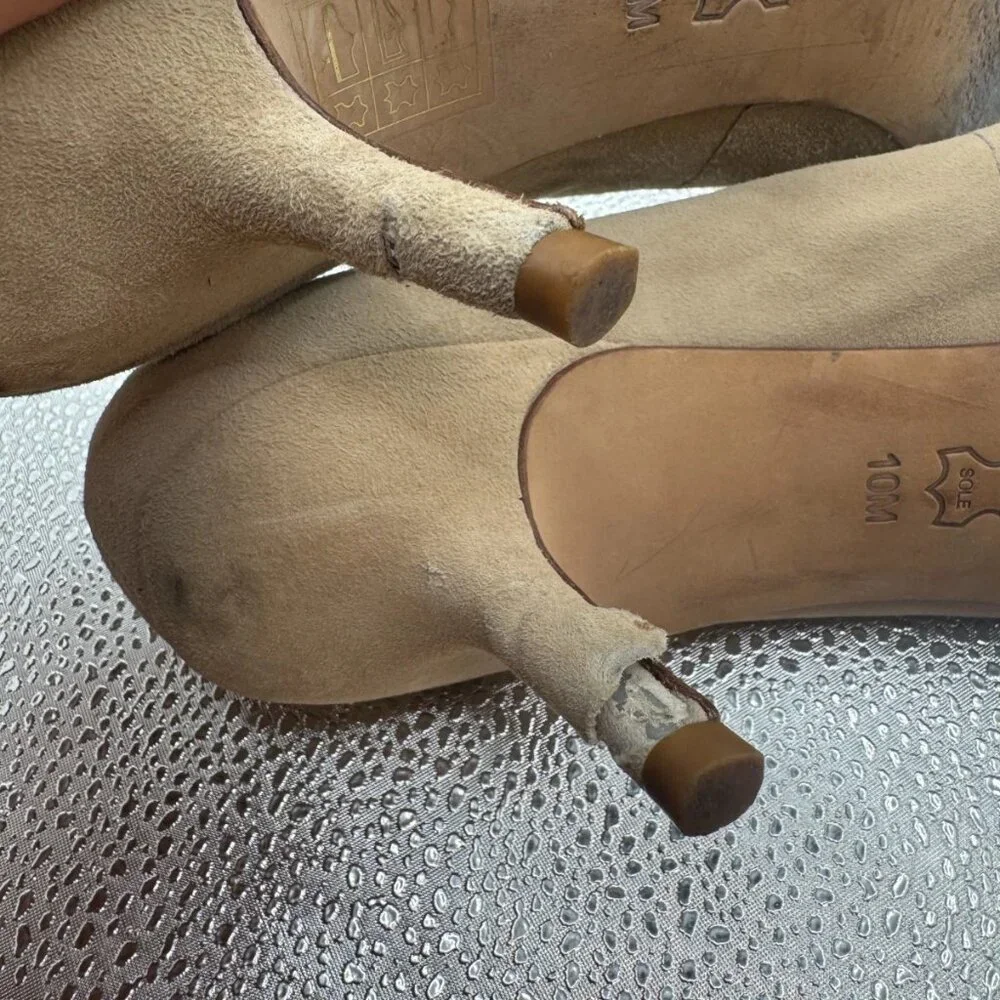 Size 10 M Tory Burch Womens Beige Gold Logo Bow Suede Stiletto Heel Ballet Flats